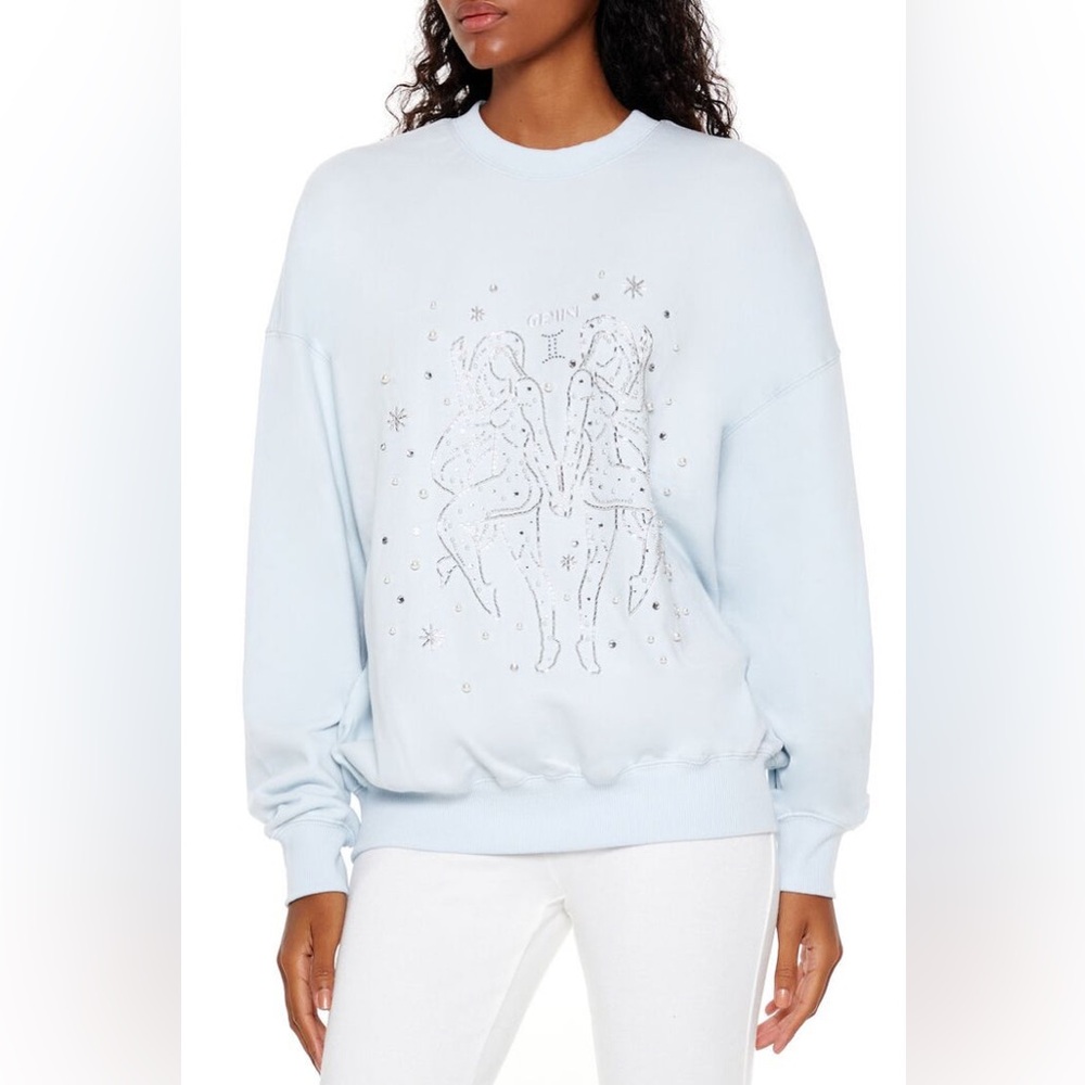Forever 21 Light Blue‎ Beaded Gemini Pullover Top